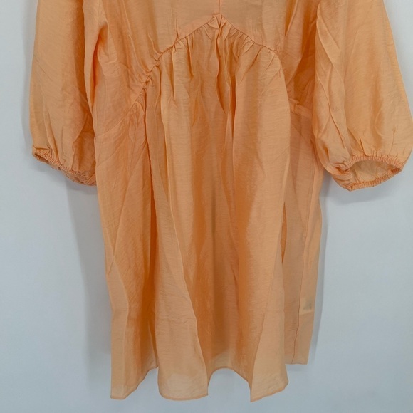 H&M V Neck Puff Sleeve Open Back Babydoll Mini Dress In Light Apricot - Picture 4 of 8